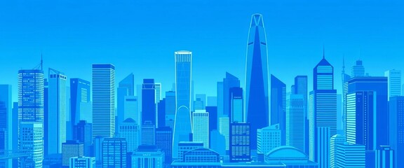 Naklejka premium Blue-toned cityscape vector illustration featuring modern skyscrapers and tall buildings in a dense urban business district, building facades, high