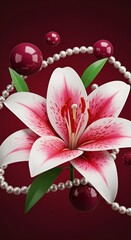 Vibrant Stargazer Lily with Elegant Pearl Accents and Rich Burgundy Swirls on a Black Background, Ideal for Artistic T-Shirt Design, Floral Fashion, and Luxurious Apparel Prints