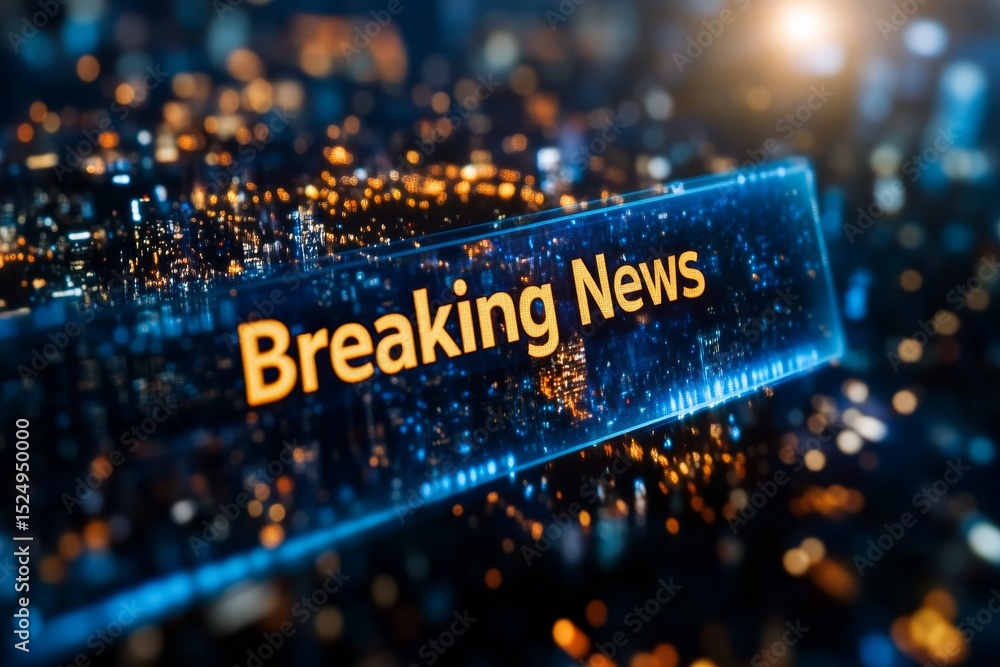 Aufkleber breaking news update on digital screen with glowing text and data visualization at night.