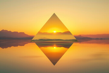 minimalist background of fantastic sunset landscape, golden triangular flat mirrors, hills and reflection 