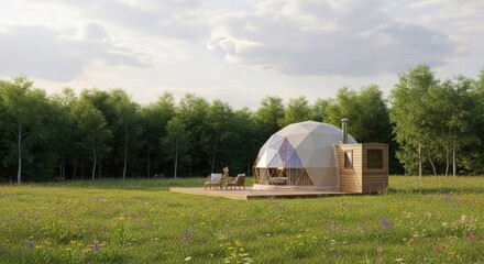 Geodesic dome tent and wooden deck on a vibrant wildflower meadow with forest in the background. Glamping resort. Luxurious outdoor living concept.