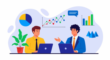 Vector Illustration of Two Businessmen Discussing Data with Laptops and Charts