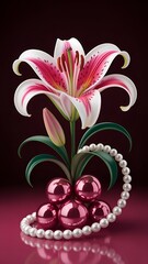 Vibrant Stargazer Lily with Elegant Pearl Accents and Rich Burgundy Swirls on a Black Background, Ideal for Artistic T-Shirt Design, Floral Fashion, and Luxurious Apparel Prints