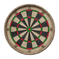 Circular dartboard, light brown wood, black, red, and green sections, rope-like border