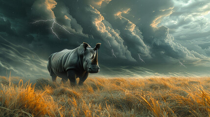 Majestic Rhino Amidst Savannah Storm