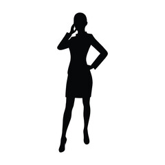 Black vector silhouette of a woman in a suit or dress posing with a cell phone, an artistic figure illustration icon on white background