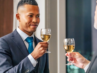 Multinational business people toasting with the city night view in the background