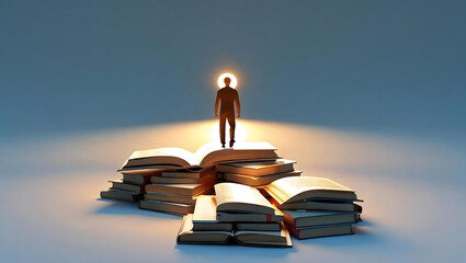 Man Standing on Stack of Books   Illuminated Path to Knowledge