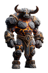 A lAvA mAge minotAur in T-pose, molten crAcks glowing, stone Armor, concept Art style, white bAckground