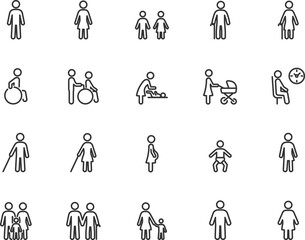 Vector set of people line icons. Contains icons man, woman, boy, girl, baby, elderly, disabled, blind, pregnant and more. Navigation, medical, gender signs.