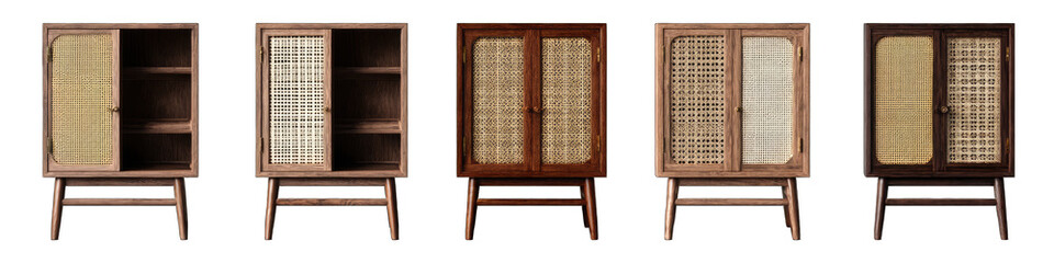 Four matching small wooden cabinets with patterned doors and shelves