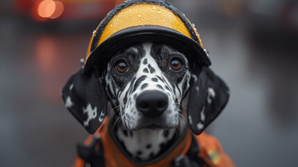 Dalmatian rescue dog in rain gear, firetruck background
