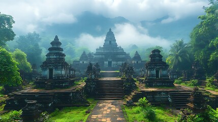 Ancient stone structures in lush landscape