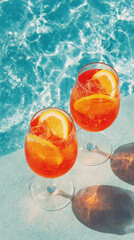 Refreshing summer cocktails with orange slices by a sunny poolside.