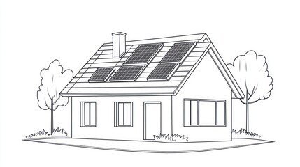 Simple sketch of a house with solar panels on the roof, situated amidst trees