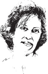 black and white ink vector portrait of a woman's face with a joyful smile, rendered with a raw and textured artistic style, featuring short, curly hair.