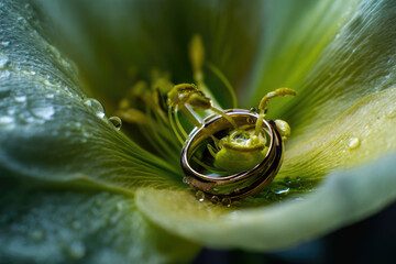 Precious gold ring nestled in flower shows true love
