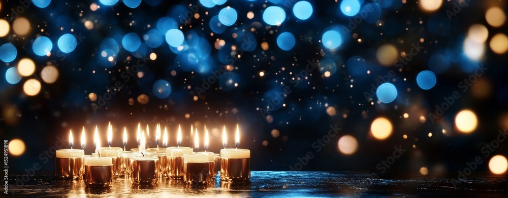 Poster warm flickering candlelight illuminates a serene setting at dusk with soft bokeh background.