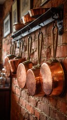 Naklejka premium Copper Cookware Mounted on a Brick Wall in a Rustic Kitchen Setting.