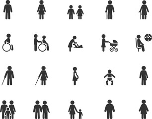 Vector set of people flat icons. Contains icons man, woman, boy, girl, baby, elderly, disabled, blind, pregnant and more. Navigation, medical, gender signs.
