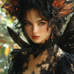 Dark Fairy with Orange Wings in Enchanted Forest