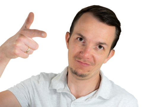 Smiling man pointing finger with confident and humorous expression isolated png portrait, gesture of idea or recognition