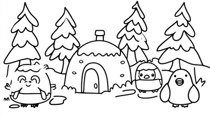 Winter scene with igloo and penguins. Simple black line drawing of a snowy landscape featuring a cozy igloo, 