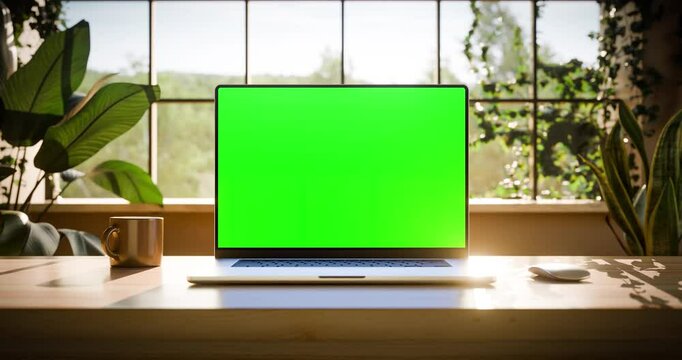 Laptop with a green screen in a sunlit office, surrounded by plants and placed on a wooden desk, with camera forward movement animation and trees visible in the background video. CGI render - Powered by Adobe