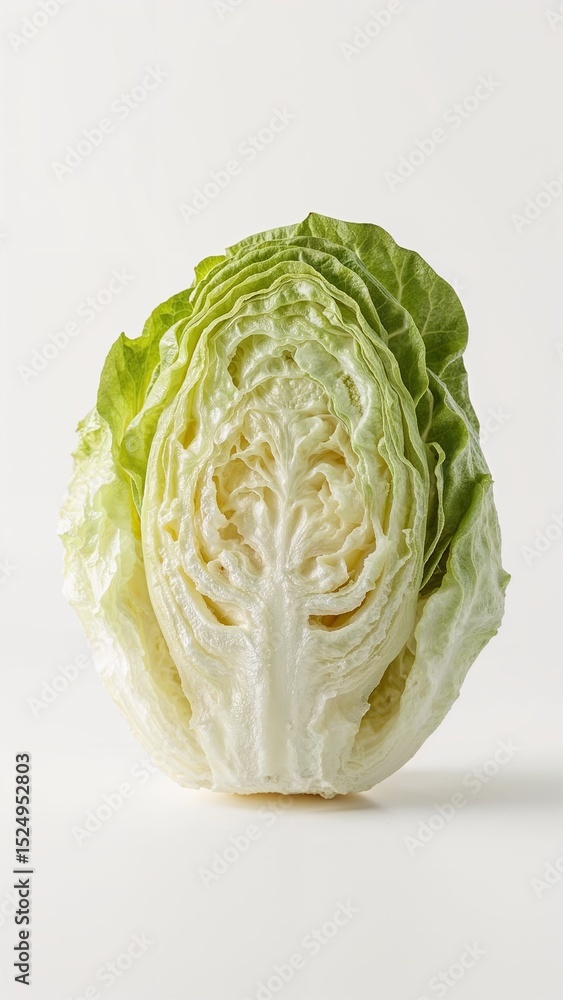Poster a close up of a halved head of lettuce with visible layers on a plain white background studio shot