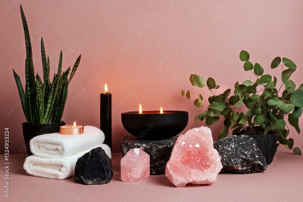 Poster relaxing spa setup with candles and natural elements for wellness and tranquility.