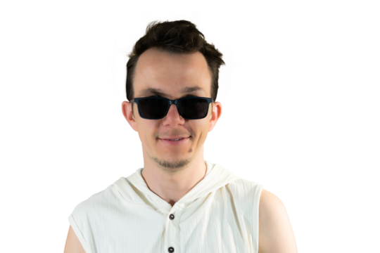 Confident young man in sunglasses facing camera with slight smile, isolated png portrait, relaxed and modern summer portrait