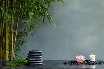 Relaxing Spa Setting With Stones, Bamboo, Lotus Flower, and Candle in Serene Atmosphere