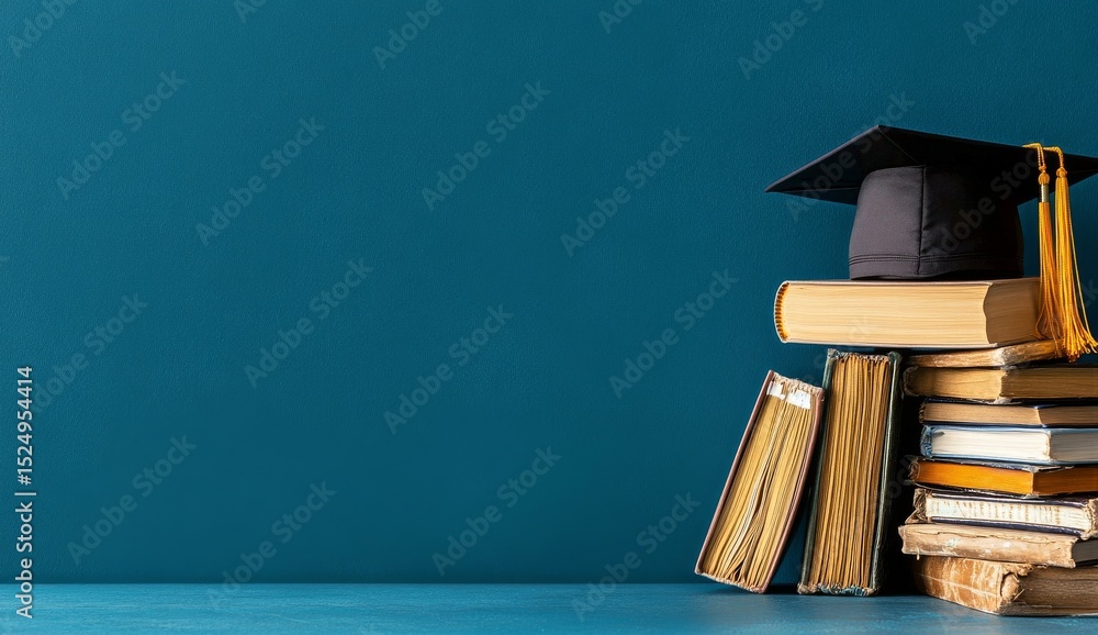 Poster graduation cap resting on a stack of books against a teal background in a study setting.