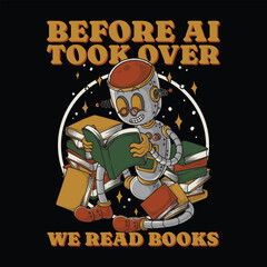 Retro Cartoon Robot Mascot Reading Among a Pile of Books