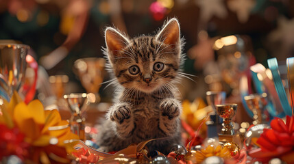 Whimsical Kitten Surrounded by Prizes