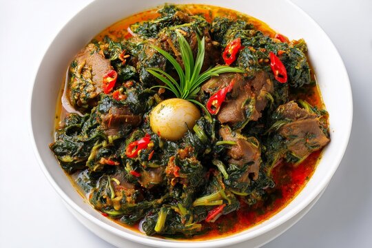 Rich Efo Riro spinach stew with assorted meats, peppers, and spices, served with amala on a white background, showcasing a vibrant traditional Nigerian dish
