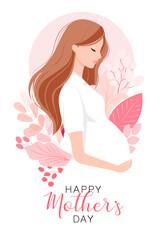 Pregnant woman with long hair in white dress holding her belly, surrounded by pink leaves with text Happy Mothers Day