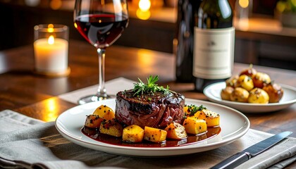 Seared Filet Mignon with Red Wine Reduction and Roasted Potatoes A Culinary Delight