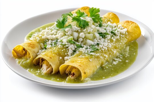 Delicious enchiladas verdes filled with chicken and topped with green tomatillo sauce, cheese, and toppings presented on a white plate
