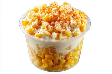 Sauted corn kernels mixed with mayonnaise, cheese, lime juice, and chili powder served in a cup, showcasing a popular street food dish
