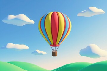 Obraz premium A colorful hot air balloon with red, yellow, and blue stripes floats in the sky above green hills and clouds
