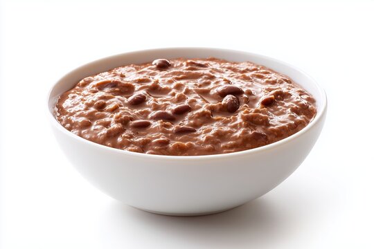 Refried beans cooked with onions and lard served in a bowl, showcasing creamy and smooth texture as a staple side dish on a white background