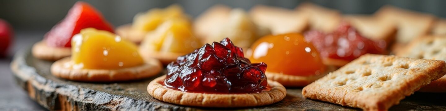 Assorted crackers with fruit jams and jellies on rustic wooden board