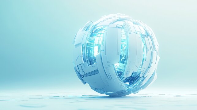Abstract, futuristic sphere. Soft light illuminates a complex, rotating sphere