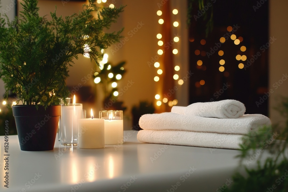 Poster spa relaxation setup with candles and towels in a softly lit environment