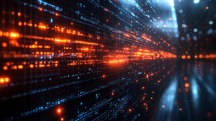 Data stream flowing in cyberspace with glowing lights