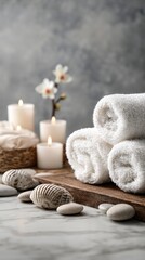 Spa Setup With Candles, Towels, and Pebbles for Relaxation and Rejuvenation