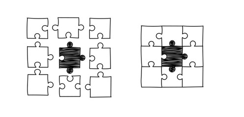 Doodle set of black line puzzle pieces. Jigsaw grid puzzle 9 pieces. Puzzle sketch