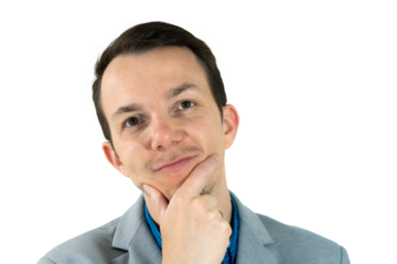 Man in gray suit touching chin with curious and pensive expression, isolated png portrait, decision-making concept