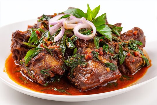Savory isi ewu, a spicy goat head dish in palm oil sauce, garnished with onions and utazi leaves, presented on a clean white background